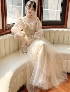 Wedding Dress: Romantic Champagne Tulle Evening Party Maxi Dress