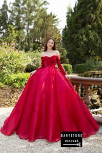Wedding Dress: Crimson Off-the-Shoulder Silk Ball Wedding Dress with Long Sleeves