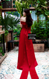 Red Off-the-Shoulder Wedding Dress with Bow Train