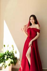 Red Off-the-Shoulder Wedding Dress with Thigh-High Slit