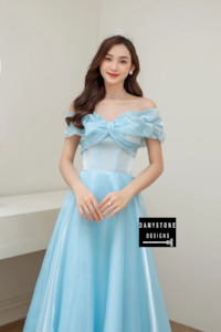 Blue Off-the-Shoulder Silk Dress with Diagonal Bow