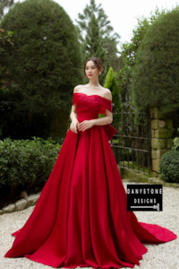 Wedding Dress: Puffy Chiffon Off-the-Shoulder Dress with Red Bow