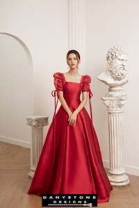 Wedding Dress: Seven-Piece Red Dress with Silk Chiffon Sleeves