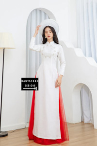 Wedding Dress: Graceful White Brocade Beaded Bridal Ao Dai