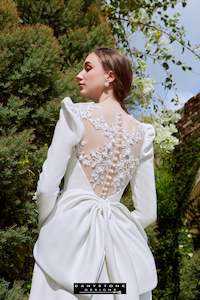 Snow White Queen Neck Satin Dress with Embroidered Large Bow Back