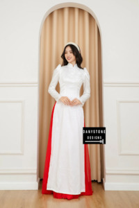 Sophisticated White Brocade Ao Dai with Puffy Sleeves and Floral Embellishments