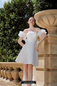 Ethereal Strapless Mini Dress with Silk Chiffon Bow Train