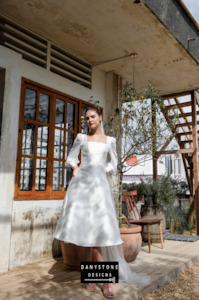 Tea Length Wedding Dresses: Classic Square Neck Tafta Dress with Button Details