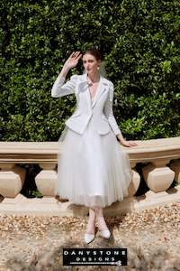 Tea Length Wedding Dresses: Strapless Wedding Dress with Vest in Satin, Lace, and Mesh Chiffon