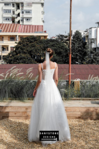 Sweep Train Wedding Dresses: Full Corset Lace Dress with Bustier Bust and Tulle Overlay