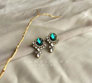 Handcrafted Bottle Green Swarovski Crystal Earrings with Polki Stones