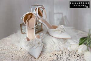 Designer Shoes: Elegant White Floral Wedding Shoes with Ankle Strap