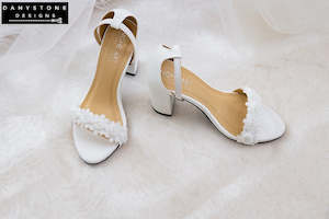 Designer Shoes: Matte White Leather Heels with White Rose Lace Trim