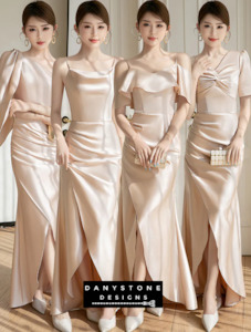 Bridesmaid Collection: Stylish Champagne Satin Bridesmaid Dress - Slit Party Gown