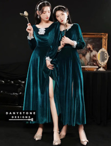 Bridesmaid Collection: Fashion Peacock Blue Velvet Evening Dress - Long Formal Gown