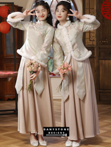 Cultural Wedding Dresses: Sweet Chinese Style Green Jacquard Autumn Winter Dress