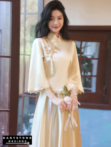 Cultural Wedding Dresses: Elegant Long Sleeve Satin Chinese Style Dress