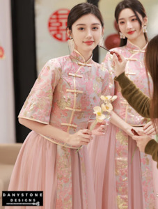 Elegant Pink Chinese Style Dress with Intricate Embroidery