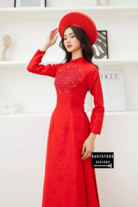 Luxurious Red Brocade Bridal Gown with Beading
