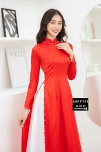 Elegant Red Brocade Bridal Ao Dai with Pearl Accents