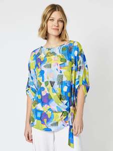 Clarity: Clarity Maisey Print Tie Side Tab Sleeve Top C43220 - Azure Blue