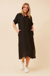 Italian Short sleeve midi dress with hood D523840 - Black