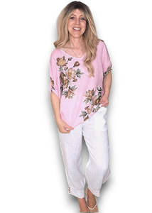 Italian: Helga May Spring Blossom Linen Top - Bubblegum