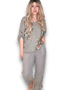 Helga May Spring Blossom Linen Top - Mocha