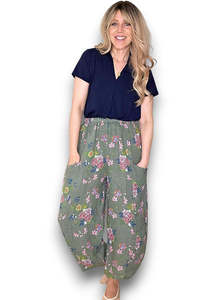 Italian: Helga May Wild Daisy Barrel Linen Pants - Dark Forrest