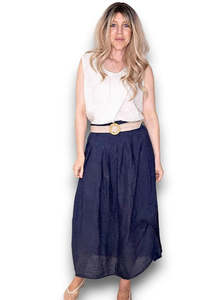 Italian: Helga May Midi Raffia Belt Linen Skirt - Navy
