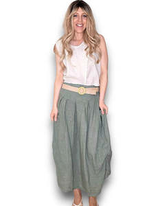 Helga May Midi Raffia Belt Linen Skirt - Forest