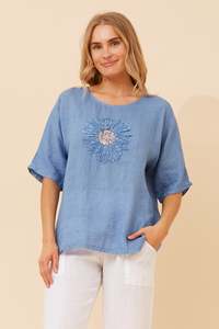 Italian: Italian Short Sleeve floral Patchwork Top T525137 - Jeans