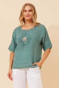 Italian Short Sleeve floral Patchwork Top T525137 - Tiffany Blue