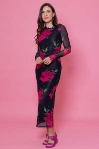 Augustine Ariana Maxi Mesh Dress Black Floral RA381