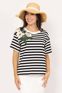 Charlo Izzie Stripe Flower T-Shirt Black CH852