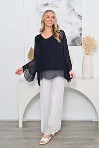 Made In Italy: Italian Layered Silky flare long sleeve Top AE16443 - Navy