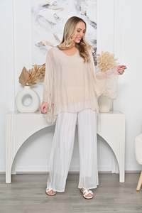 Italian Layered Silky flare long sleeve Top AE16443 - Beige