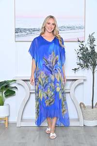 Italian Floral Silky Maxi Dress AE286 - Cobalt Blue