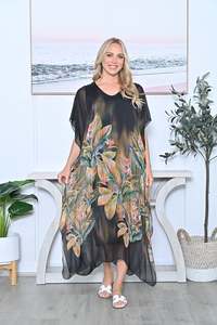 Italian Floral Silky Maxi Dress AE286 - Black