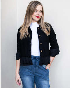 Jolie Saule Frill trim Denim Jacket Q33702 - Black