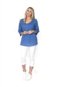 One summer Evie Pleated Top with 3/4 Sleeve Dw115H - Blue