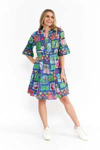 One Summer Maya Button V Neck Layer Dress DW93J - Trop Stories Blue