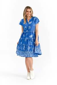 One Summer Leela V Neck Mini Dress DW129J - Coral Border Colbalt