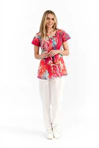 One Summer Kayla Cotton Blouse Short Sleeve DW24J - Coral Reef 3