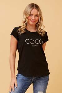All: Caroline Morgan Cap Sleeve Studded 'Coco' gold T-shirt T515772 - Black