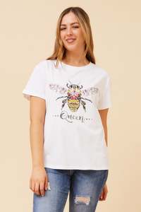 All: Caroline Morgan Short Sleeve Diamante Queen Bee T-shirt T525502 - White