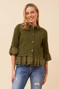 All: Caroline Morgan 3/4 Sleeve frill denim Jacket J522329 - Khaki