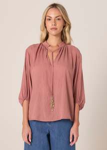 All: Fate+Becker Shae Split Neck Blouse 17783TWFA - Terracotta