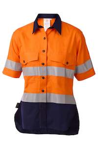 Womens Hi Vis: Daneunder Women's Short Sleeve Taped Safety/Work Shirt Orange & Navy