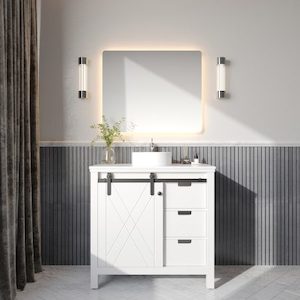 Barn Door 900mm Solid Wood Floor-Standing Vanity – Hampton Series – Matte White